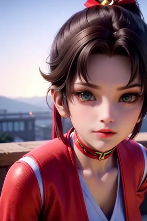 (masterpiece:1.4), (cinematic landscape and sky), {cinematic lighting}, (illustration:1.2), profile, {beautiful detailed eyes}, {hyper intricate fine detail}, {an extremely delicate and beautiful female}, (detailed and beautiful cute face:1.3), one girl standing in front of a gogiours city landscape and looking at viewer, glowing eyes, shiny hair, lustrous skin, solo, <lora:Yun_ying:0.5>, pony tail, golden hair accessory, red and green choker,  (red and white outfit:1.2), 8k, wallpaper