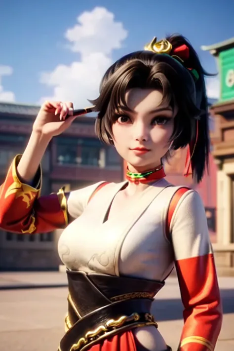 (masterpiece:1.4), (masterpiece, best quality, everyday life in the cloud kingdom), {cinematic lighting}, (illustration:1.2), {beautiful detailed eyes}, {hyper intricate fine detail}, {an extremely delicate and beautiful female}, (detailed and beautiful cute face:1.3), one girl standing in front of a gogiours city landscape and looking at viewer, glowing eyes, shiny hair, lustrous skin, solo, <lora:Yun_ying:0.7>, pony tail, golden hair accessory, red and green choker, (red and white outfit:1.2), 8k, wallpaper