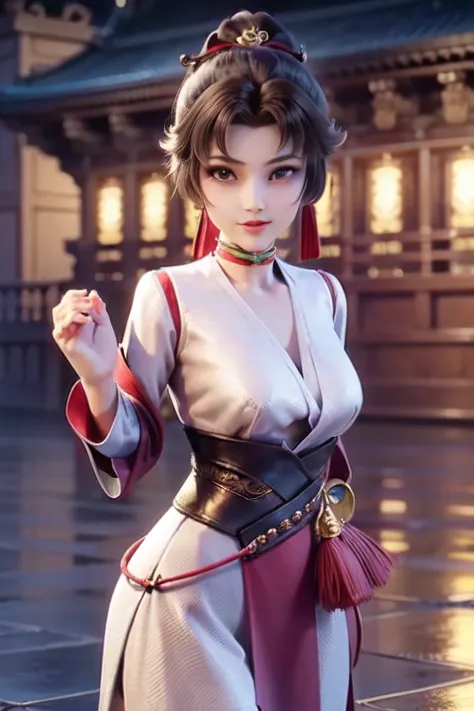 (masterpiece:1.4), (masterpiece, best quality, everyday life in the cloud kingdom), {cinematic lighting}, (illustration:1.3), {beautiful detailed eyes:1.4}, (hyper intricate fine detail), (an extremely delicate and beautiful female:1.2), (detailed and beautiful cute face:1.3), (happy face), (one girl standing in front of a gogiours city night landscape in a chinese festival and looking at viewer with very cute pose:1.2), glowing eyes, shiny hair, lustrous skin, solo, <lora:Yun_ying:0.55>, pony tail, golden hair accessory, red and green choker, (red and white outfit:1.2), 8k, wallpaper, <lora:hanfu_v28:1>