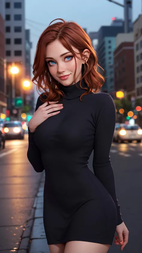 <lora:m41tl4ndw4rd:1>, (covered shoulders, covered chest, sfw, turtleneck dress), midnight in the city, dark night, smiling, closeup, stunning eyes, natural skin, RAW, UHD, 8K, busy street, people in the background, bokeh, dark night