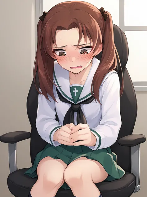 score_9, score_8_up, score_7_up, <lora:Pony_KadotaniAnzu_1t:1> kadotani anzu, official art, 1girl, solo, source_anime, girls und panzer, ooarai school uniform, serafuku, School Uniform, Brown Pigtails Haircut, Sitting in Office Chair in Principals Office, Embarrassed, Looking Down, Hands in Lap, Blush, (masterpiece:1.2), (highres:1.2), (absurdres:1.1), (best quality:1.2)