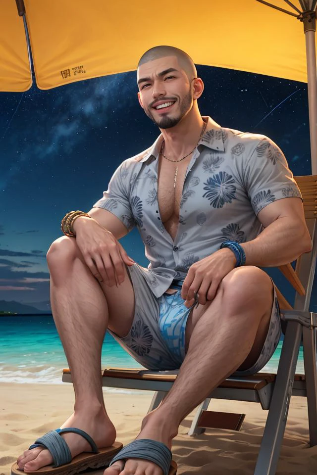 anime, ikemen, manly, low angle, closeup, hairy chest, bara, laughing, looking at viewer, expressive, legs spread, bulge, sitting in beach chair, (buzzcut, goatee, gray eyes, open patterned hawaiian shirt), smirk, swimming trunks, sandals, leaning back, cord bracelet, beach, chill atmosphere, night, starry sky,