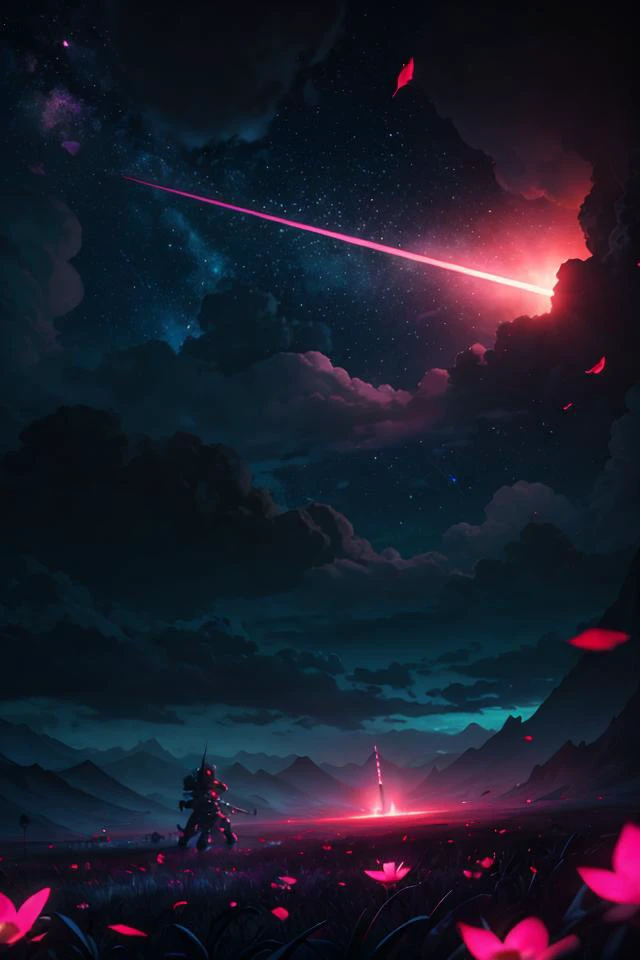 masterpiece, best quality, light particle, depth of field, field, scenery, fantasy, blue light, (far away:1.1), no humans, pastel colors, chromatic aberration abuse, glow in the dark
dark ,cloudy sky, space, red aura, aura, cinematic, dark atmosphere, night , dark hole, glowing eyes, red light, illumination, sword, floating object, monster, fighting stance, light rays, 
eye in the sky, (grass:0.9), falling petals,