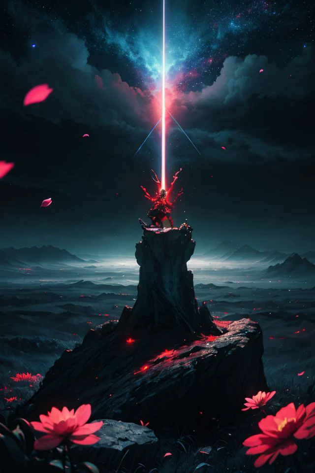 masterpiece, best quality, light particle, depth of field, field, scenery, fantasy, blue light, (far away:1.1), no humans, pastel colors, chromatic aberration abuse, glow in the dark
dark ,cloudy sky, space, red aura, aura, cinematic, dark atmosphere, night , dark hole, glowing eyes, red light, illumination, sword, floating object, monster, fighting stance, light rays,
eye in the sky, (grass:0.9), falling petals,
