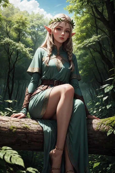 photo of a beautiful adult elf, circlet, sitting on a log, face focus, wearing a long leaf dress, in a wonderful forest, bright clouds, shadows