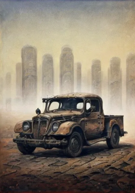 a old rusty car in a river, by darius kawasaki <lora:darius_v1.0c-sv5:1>