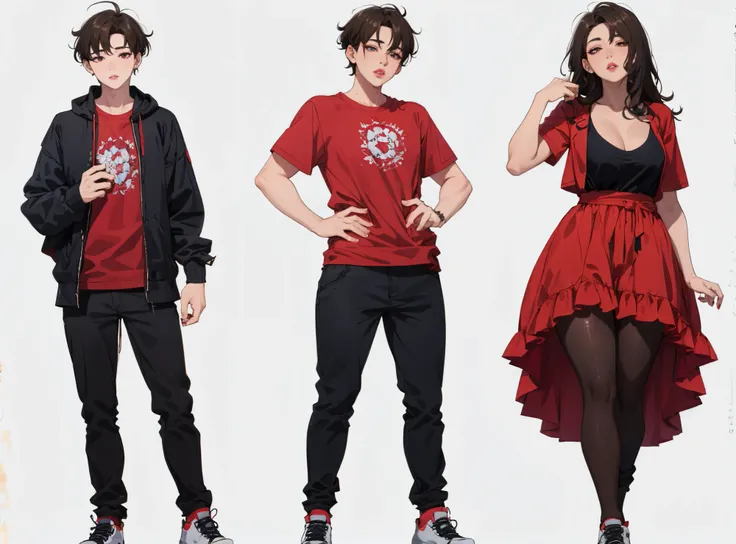 masterpiece,  best quality,gender transformation, mtf, sequence, full body, standing, simple white background, pale skin, dark skin, lips
 <lora:gender-transformation:0.9>