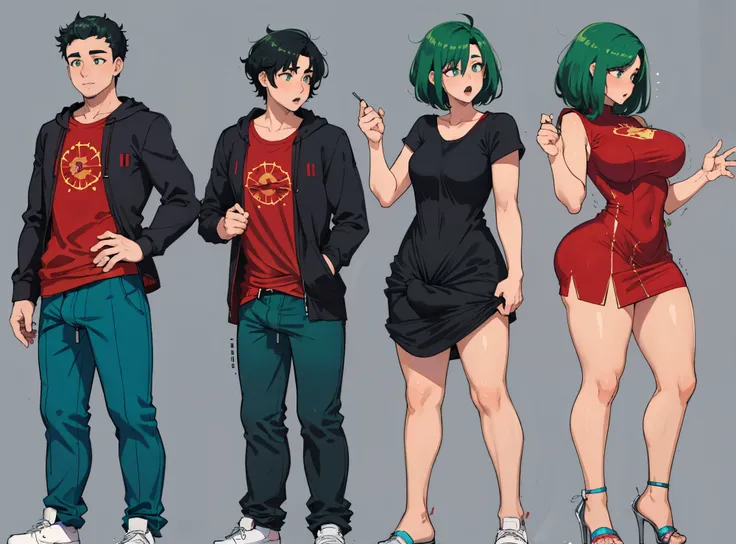 masterpiece,  best quality,gender transformation, mtf, sequence, cloth bulge, full body, standing, simple background, erection under clothes, black hair, green hair, penis, dress, 
 <lora:gender-transformation:0.9> <lora:cloth-bulge:0.6>
