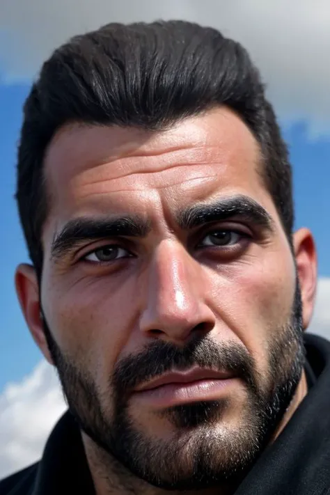 A hairy fit Syrian man, in the cloud , close-up face photo, sexy