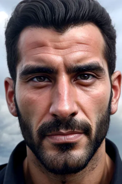 A hairy fit Syrian man, in the cloud , close-up face photo, sexy