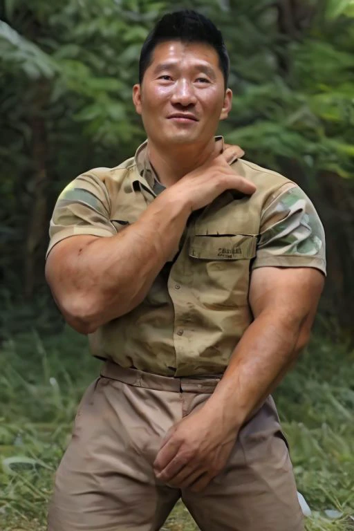 35 year Asian men,
poking nipples, excited face, top to bottom,
realistic, masterpiece, intricate details, detailed background, depth of field, photo of a handsome, dynamic pose, sweaty, natural face expression, detailed Hunter Kang face, fixed Hunter Kang face, big remarkable nipples, east Asian face, eye opened clearly,
wearing army camouflage uniform, shirt, pant, cap, forest, camp, id tag necklace, big remarkable bulge