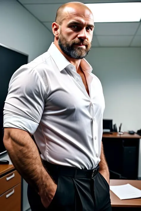 1989 hasselblad portrait a 40 years old handsome rugged ukranian strong hairy man, strong side lighting, sharp focus, skin texture, extremely detailed, black formal pants, open white very transparent shirt, strong body, in a modern office, bald, very hairy forearm,