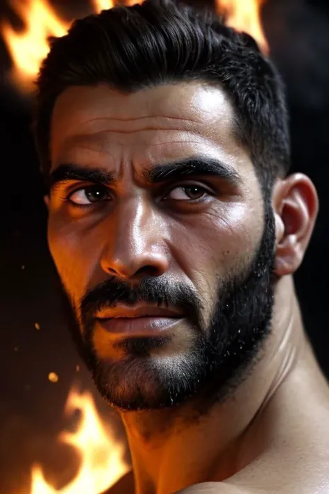 A hairy fit Syrian man, in the flames , close-up face photo, sexy