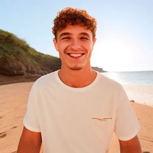 ASCIIPhoto of a man, curly hair, white shirt, beach, background, smiling, sunlight, high detail, 4K,
