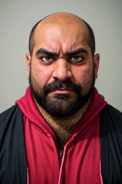 High detail RAW color, head photo of an attractive bald man, persian, indian, dark skin, wearing a pink and red hoodie, chubby face, wide chin, melancholic eyes, contrast, textured skin,  long bearded, big moustache, looking direct to the camera, crying, tears drop, pimples, green eyes, sorrow,