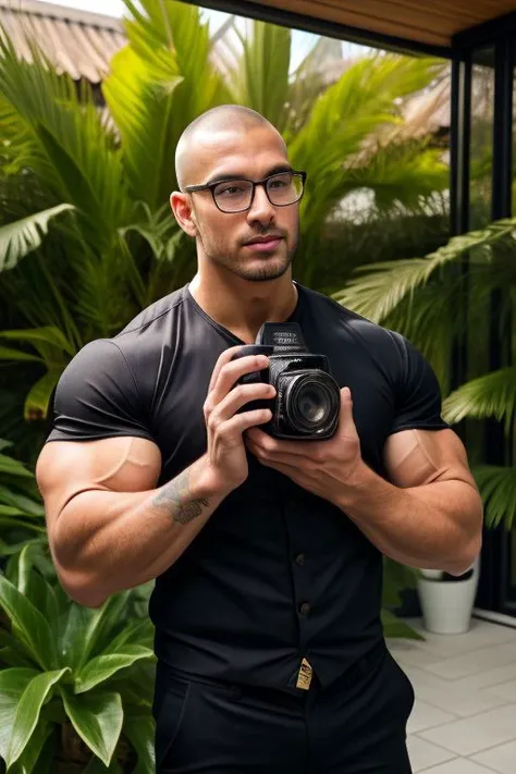 One (handsome) bodybuilder, mature, Russian, brown skin, buzzed head, square face, strong jawline, well-defined chin, high cheekbones, thick dark eyebrows, deep-set eyes, clear-rimmed glasses, smile with dimples, small nose, light buzzed facial hair, (large lips), ((muscular)) build, tribal arm tattoo, (((clothed))), (holding a camera:1.5), loose black shirt, tight black pants, opening the front door, sleek modern house, floor to ceiling windows, expensive surroundings, realistic, masterpiece, intricate details, detailed background, cinematic