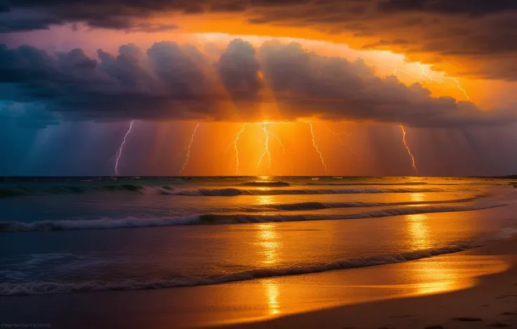 Florida Sarasota, beach sunset, golden ratio, golden hour, magic hour, sun, full blood moon, thunder and lighting, amazing, insane perfection, raytraced, HDR, 4k, Wide angle, dramatic, vivid, dying of the light, god ray, reflections, amazing beauty thunderstorms,