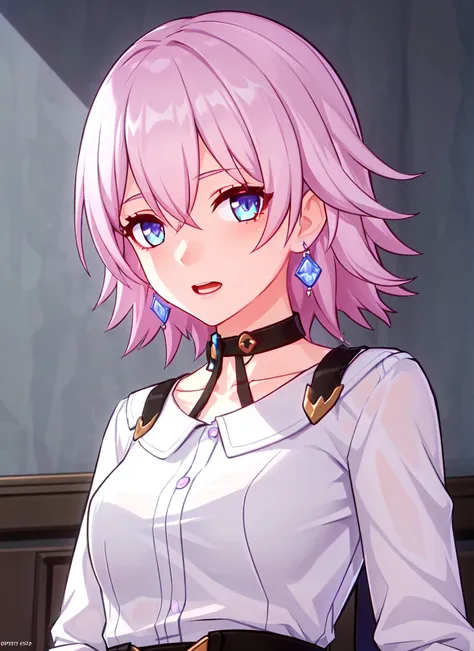 <lora:honkai_star_rail_style_offset:1> honkai star rail style, , 1girl, solo, earrings, jewelry, blue eyes, open mouth, pink hair, choker, looking at viewer, upper body, bangs, shirt, white shirt, short hair, indoors, black choker, ((masterpiece))