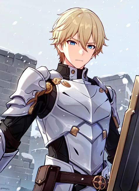<lora:honkai_star_rail_style_offset:1> honkai star rail style, 1boy, male focus, blue eyes, weapon, solo, shield, blonde hair, holding, holding weapon, closed mouth, hair between eyes, short hair, armor, snow, bangs, snowing, upper body, white jacket, outdoors, ((masterpiece))