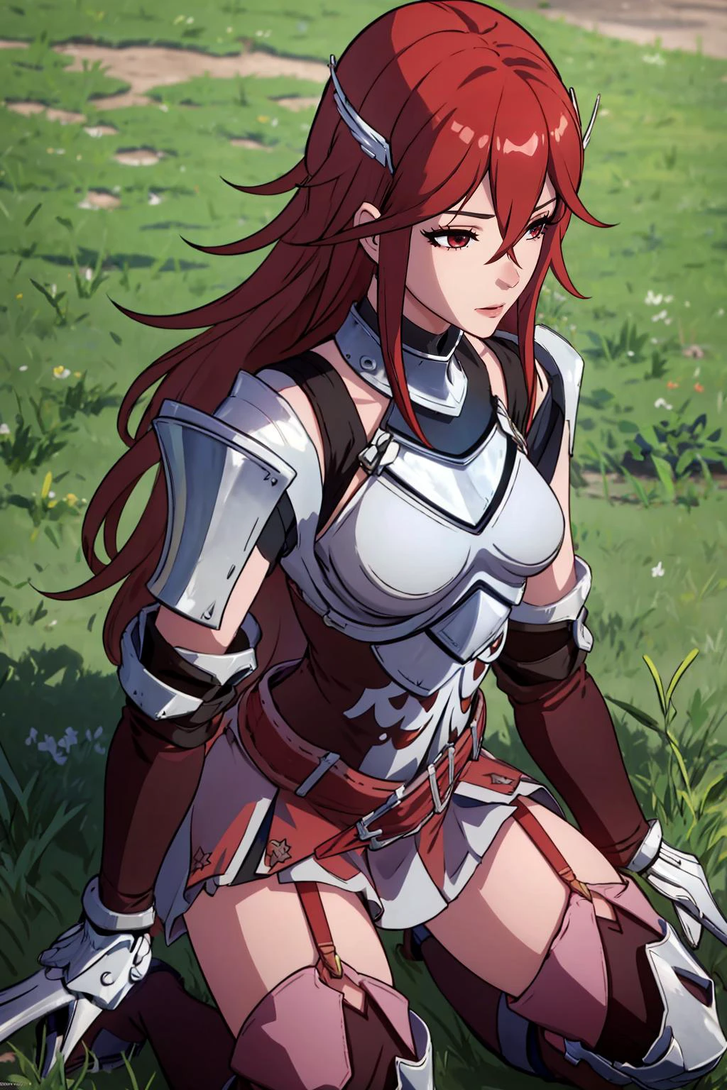 masterpiece, best quality, upper body, outdoors, grass, solo, 1girl, mature female,
<lora:cordelia:1> cordelia fe, (armor, breastplate:1.3), thigh boots, hair ornament, garter straps, dress, skirt, kneeling, thigh boots
<lora:Honkai Star Rail:1> honkai star rail style