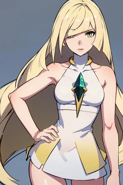 masterpiece, best quality, cowboy shot, simple background, solo, 1girl, mature female,
<lora:lusamine:1> lusamine, blonde hair, yellow eyes, long hair, looking at viewer, very long hair, (hair over one eye:1.3), sleeveless white short dress, gem, bare arms, green eyes, hand on hip,
<lora:Honkai Star Rail:0.8> honkai star rail style