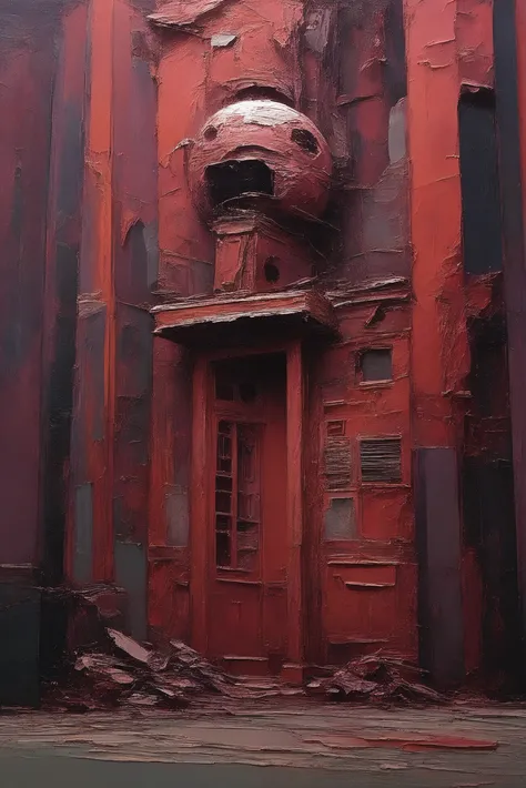 <lora:EnvyStarlightThickPaletteKnife02:1.6>oil painting, palette knife, thick brush strokes, cheerful steampunk noir, urban shrine in a dilapidated,indescribable subsurface scattering color:maroon scifi vertical arcology at the end of the multiverse, masterpiece, by Ian McQue