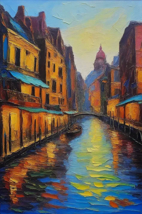 <lora:EnvyStarlightThickPaletteKnife02:1.6>oil painting, palette knife, thick brush strokes, lusty grimdark, 1950s baroque Floating market along the canal in a indescribable fantasy city edge of reality, masterpiece