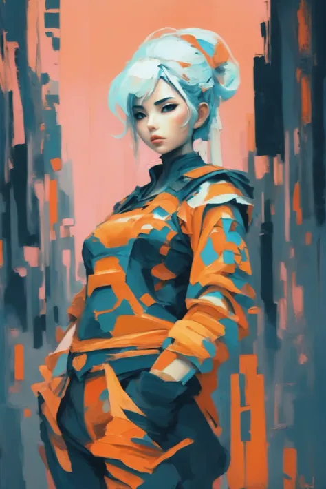 <lora:EnvyStarlightThickPaletteKnife02:1.6>oil painting, palette knife, thick brush strokes, epic cyberpunk, anime style, (full body:1.2), 1girl, woman, solo, [:outlandish costume design,:0.2], tank commander, bombshell hair, white hair, twin drills, chubby, narrow waist, small breasts, (asian:1.3), a ghostly,living scifi cliffside megacity outside of time, masterpiece