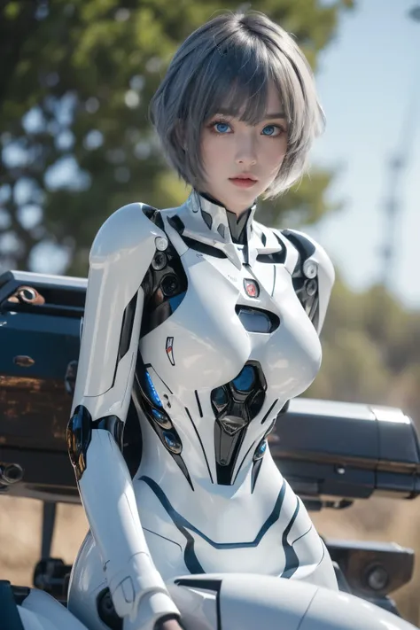 (Best Quality, Masterpiece:1.4), (Realism:1.2), (Realisitc:1.2), (Absurdres:1.2), (photorealistic:1.3), 1girl,Realistic Skin,Solo,( Very Big Eyes,beautiful detailed eyes, symmetric eyes), <lora:绪å¿-绫波丽 AYANAMI REI:0.7>,AYANAMI REI , outdoors, ((cowboy shot)), Sitting on mecha device