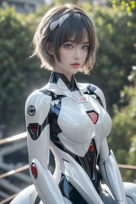 (Best Quality, Masterpiece:1.4), (Realism:1.2), (Realisitc:1.2), (Absurdres:1.2), (photorealistic:1.3), 1girl,Realistic Skin,Solo,( Very Big Eyes,beautiful detailed eyes, symmetric eyes), <lora:ç»ªå¿-ç»«æ³¢ä¸½ AYANAMI REI:0.7>,AYANAMI REI , outdoors, ((cowboy shot)), Sitting on mecha device