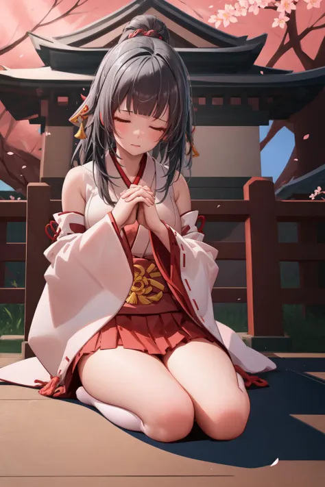 (sketch:1.25),
1girl, blunt bangs, forehead, extremely long hair, shiny black hair, closed eyes, flat chest
BREAK (praying:1.2), miko, long sleeves, red skirt, japanese clothes, white socks, feet
BREAK sitting, on floor, (seiza), full body, wide shot
BREAK detailed background, (outside:1.2), shrine, (cherry blossoms:1.1)