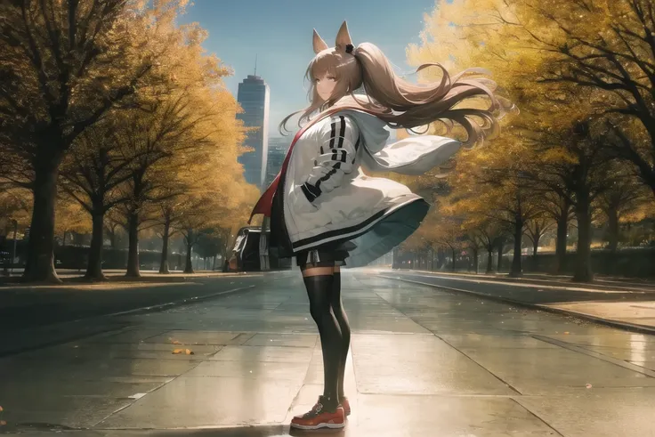 (masterpiece), 4k, 8k, highres, high resolution, beautiful, anime, amazing, girl, detailed, standing in city park, hands in pocket, hair waving in wind, view from side, animal ears, white coat, white kneesocks, <lora:ArknightsAngeline_v10:1>, trees, flowers, fountain