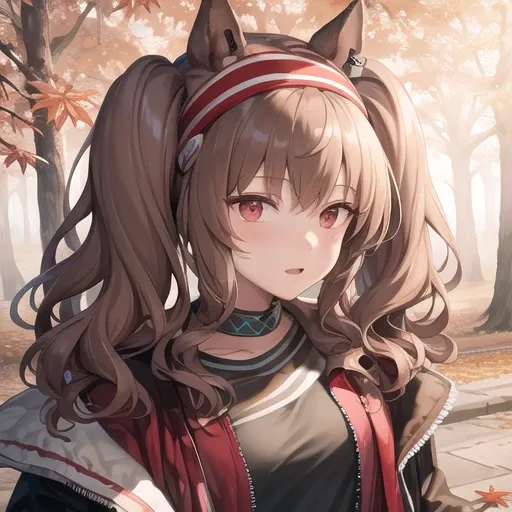 <lora:ArknightsAngeline_v10:1>, 1girl, headband, coat, park, autumn leaves,