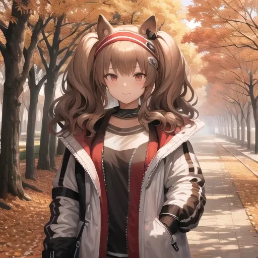 <lora:ArknightsAngeline_v10:1>, 1girl, headband, coat, park, autumn leaves,
