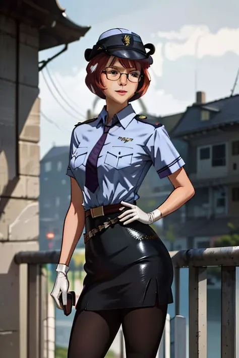 beautiful, masterpiece, best quality, ((adult)), extremely detailed face, perfect lighting, 1girl, solo, 
velma, GCop
rectangular glasses,freckles,red hair,
pocket, breast pocket, shirt, pants, uniform, belt,  short sleeves, collared shirt, shirt tucked in, pantyhose, skirt, gloves, necktie, pencil skirt,  olice hat, high heels, shoes, miniskirt