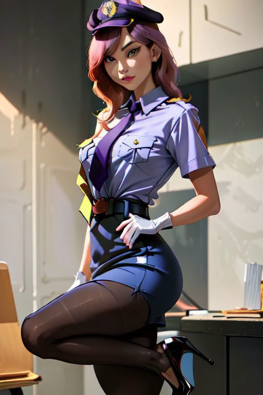beautiful, masterpiece, best quality, ((adult)), extremely detailed face, perfect lighting, 1girl, solo,
Daphne Blake
GCop, pocket, breast pocket, shirt, pants, uniform, belt, short sleeves, collared shirt, shirt tucked in, pantyhose, skirt, gloves, necktie, pencil skirt, olice hat, high heels, shoes, miniskirt
