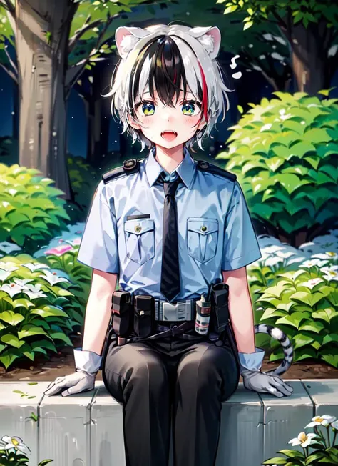 ((best quality)), ((highly detailed)), masterpiece, detailed face, beautiful face, , (1girl), from below, pantyshot, upper body, ((<lora:Change-A-CharacterGCop:.7>, GCop, uniform, jacket, belt, necktie, collared shirt, shirt tucked in, pants, shoes, gloves)), (white tiger girl), tiger ears, tail, ((body fur:1)), white fur, (black stripes), (multicolored hair, white hair with black stripes:1.3)), black hair), blue eyes, ((streaked hair)), (abs), (fangs), (long nails), (smug), short hair, tomboy, (outside, in a garden, dawn), <lora:naughty_to_nice_v3:4>