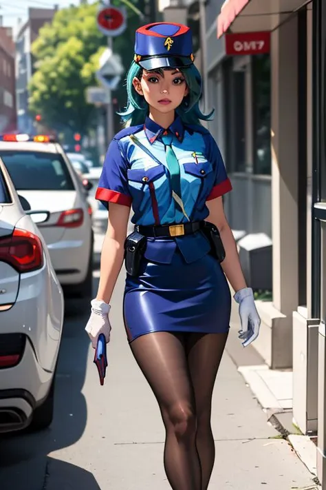 beautiful, masterpiece, best quality, ((adult)), extremely detailed face, perfect lighting, 1girl, solo, 
pkmnJenny, blue hat, police uniform, blue shirt, short sleeves, belt, pencil skirt, white gloves, high heels, GCop
pocket, breast pocket, shirt, pants, uniform, belt,  short sleeves, collared shirt, shirt tucked in, pantyhose, skirt, gloves, necktie, pencil skirt,  police hat, high heels, shoes, miniskirt