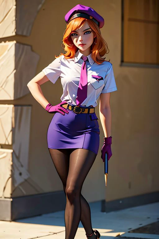 beautiful, masterpiece, best quality, ((adult)), extremely detailed face, perfect lighting, 1girl, solo,
Daphne Blake
GCop, pocket, breast pocket, shirt, pants, uniform, belt, short sleeves, collared shirt, shirt tucked in, pantyhose, skirt, gloves, necktie, pencil skirt, olice hat, high heels, shoes, miniskirt