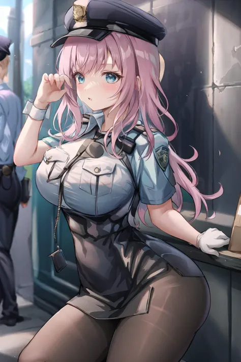 masterpiece, Anime Style, nsfw, looking at viewer, 1woman, One person, orgasm, standing, salute, ((huge breasts:1.4)), Pink Hair,short hair, Yellow Eyes, Armpit, Hami Breasts, latex police costume, sleeveless, Police hat, mini skirt, Long gloves, Knee-high boots, pink micro bikini, Pink T-back,