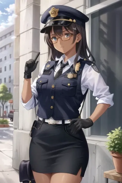 ((best quality)), ((highly detailed)), masterpiece, (detailed eyes, deep eyes), (1girl), (glasses), cowboy shot, <lora:Change-A-CharacterGCop:.7>, GCop, police hat, uniform, vest, belt, necktie, collared shirt, shirt tucked in, pants, shoes, gloves, (lion girl), lion ears, lion mane, royalty, (dark brown hair), ((dark skin)), amber eyes, medium breasts, athletic, purple fur-trimmed dress, tiara, outside, in a city