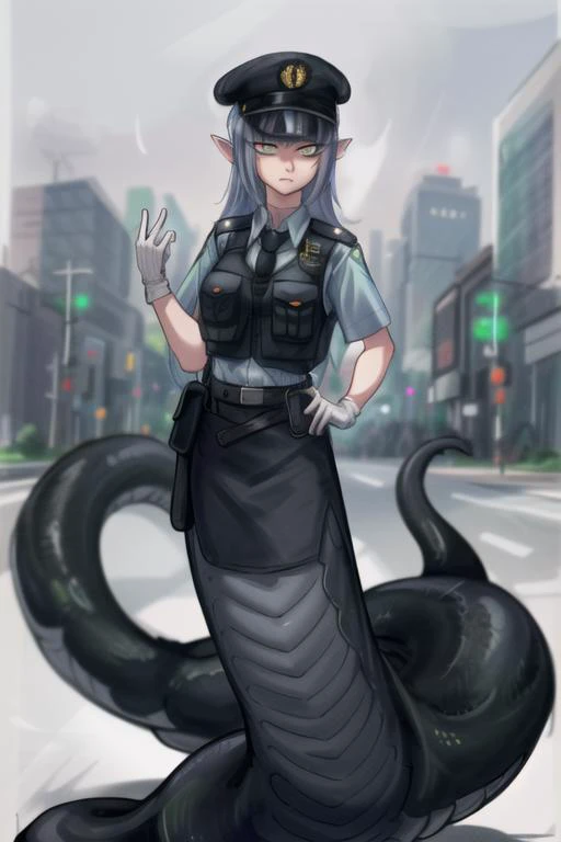 ((best quality)), ((highly detailed)), masterpiece, extremely detailed face, beautiful face, (detailed eyes, deep eyes), (1girl), upper body, <lora:hairdetailer:.8>, <lora:Change-A-CharacterGCop:.9>, GCop, uniform, vest, belt, necktie, collared shirt, shirt tucked in, pants, shoes, gloves, <lora:aiomonstergirls_loraLocon:.6>, <lora:animeLamia_v10:1>, (lamia), scales, tail, merged at waist, standing, (cyan scales), <lora:slit-pupils:1>, snake eyes, outside, in a city