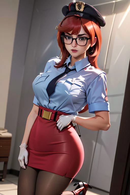 beautiful, masterpiece, best quality, ((adult)), extremely detailed face, perfect lighting, 1girl, solo, 
velma, GCop
rectangular glasses,freckles,red hair,
pocket, breast pocket, shirt, pants, uniform, belt,  short sleeves, collared shirt, shirt tucked in, pantyhose, skirt, gloves, necktie, pencil skirt,  olice hat, high heels, shoes, miniskirt