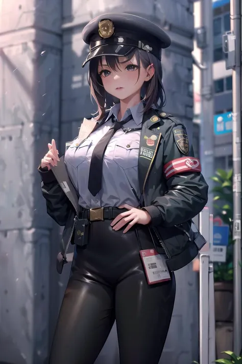 1girl, <lora:GCop:1>, GCop, pants, standing, jacket, best quality, masterpiece, highres