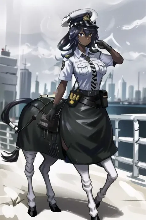 ((best quality)), ((highly detailed)), masterpiece, (detailed eyes, deep eyes), (1girl), cowboy shot, <lora:Change-A-CharacterGCop:1>, GCop, uniform, jacket, belt, necktie, collared shirt, shirt tucked in, pantyhose, skirt, pencil skirt, high heels, gloves, <lora:aiomonstergirls_loraLocon:.3>, <lora:animeCentaur_v10:1>, (centaur), taur, centauroid, hooves, ((zebra)), black and white stripes, ((dark skin)), outside, in a city