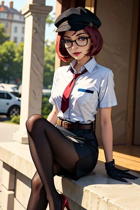 beautiful, masterpiece, best quality, ((adult)), extremely detailed face, perfect lighting, 1girl, solo, 
velma, GCop
rectangular glasses,freckles,red hair,
pocket, breast pocket, shirt, pants, uniform, belt,  short sleeves, collared shirt, shirt tucked in, pantyhose, skirt, gloves, necktie, pencil skirt,  olice hat, high heels, shoes, miniskirt