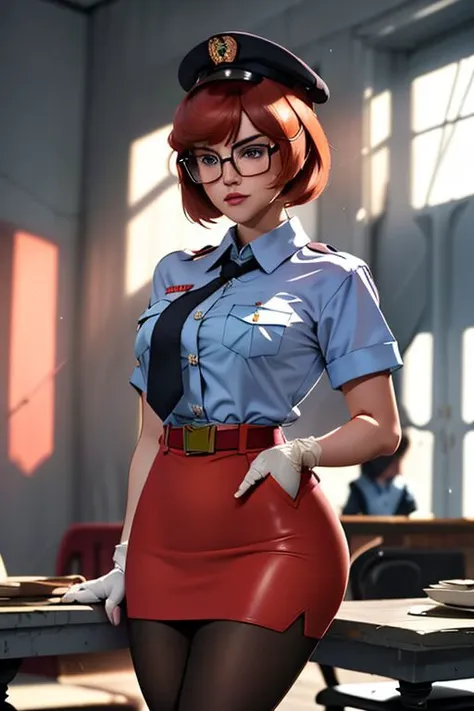 beautiful, masterpiece, best quality, ((adult)), extremely detailed face, perfect lighting, 1girl, solo, 
velma, GCop
rectangular glasses,freckles,red hair,
pocket, breast pocket, shirt, pants, uniform, belt,  short sleeves, collared shirt, shirt tucked in, pantyhose, skirt, gloves, necktie, pencil skirt,  olice hat, high heels, shoes, miniskirt