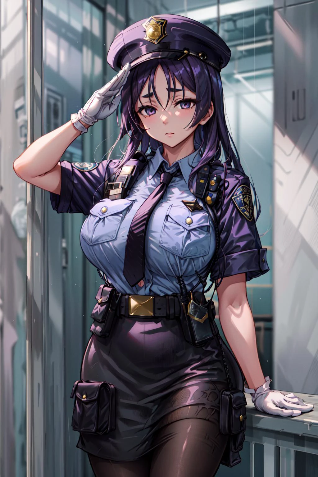 masterpiece,best quality,1girl,minamoto no raikou \(fate\),expressionless,huge breasts,long hair,purple hair,GCop,police uniform,belt,short sleeves,collared shirt,shirt tucked in,pantyhose,skirt,gloves,necktie,police hat,One-handed salute,in office,<lora:CHAR-FGO-Raikou_Hard:0.5>,<lyco:Concept-Change-A-Character-Good Cop(GCop):0.7>,