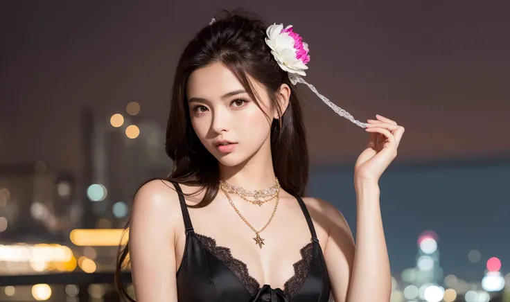 (((1 girl:1.4))),(small breasts), cleavage,very long hair, straight hair, (organza lace:1.4), shiny skin, collarbone,hair flower
realistic, highres, upper body, looking to the side, star necklace, looking at viewer,
cityscape,neon lights, shanghai, (midnight:1.4), physically-based rendering, RAW photo, highly detailed background, (photo realistic:1.35), high res, perspective,
<lora:cnGirlYcy_v10:0.6>