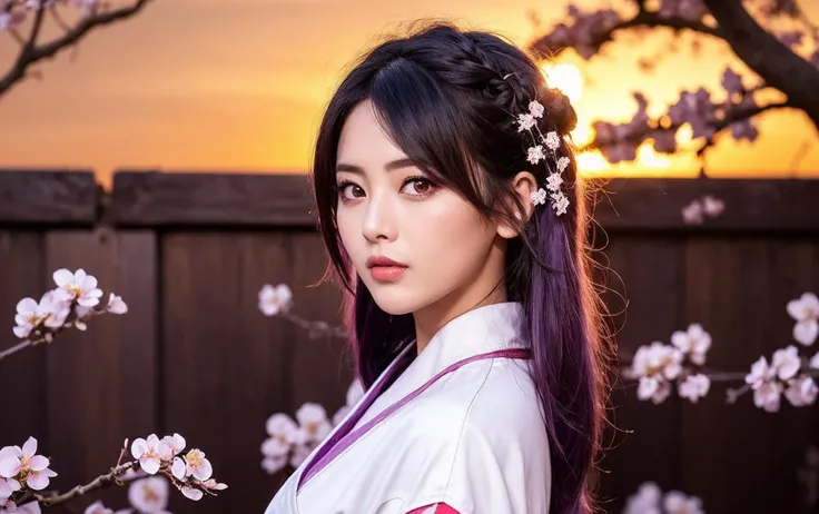 RaidenShogun, detailed clothes, white clothes, blunt bangs, braid, (((1 girl:1.4))),(medium breasts:1.4), cleavage, wide-sleeved kimono, hair ornament, white japanese clothes, (red obi:1.4), (light purple hair:1.4), very long hair, straight hair, detailed face, cool face, (smooth chin:0.85), closed mouth, long eyelashes, sharp eyes, looking at viewer, beautiful eyes, detailed eyes, thick eyebrows, red eyeshadow, symmetry eyes, skirt, (sunset:1.4), from side, (Plum blossom:1.5),photon mapping, physically-based rendering, RAW photo, highly detailed background, (photo realistic:1.35), high res, perspective, facing front,<lora:raidenShogunRealistic_raidenshogun:0.3> <lora:cnGirlYcy_v10:0.6>
